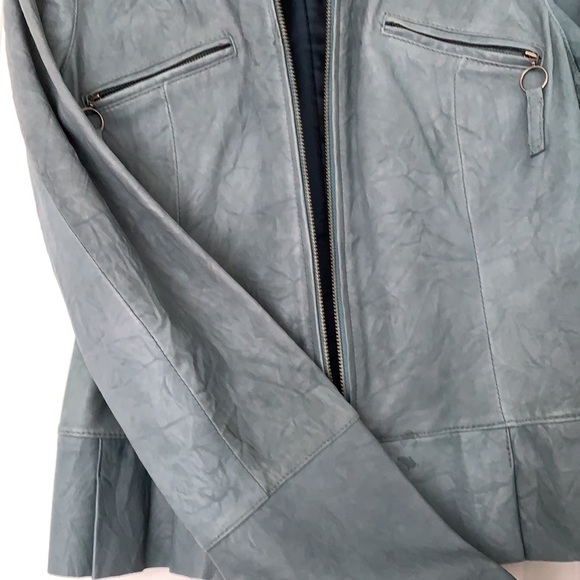 💙NWOT 100% LEATHER JACKET ROBIN’s EGG BUTTER SOFT PEPLUM ZIP MANDARIN COLLAR🐦 - Picture 5 of 15